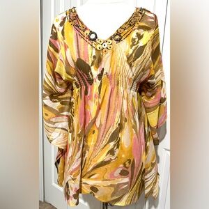 2 for $20 Tops New York & Co Sheer Batwing Blouse Pink Gold Tan Bling SZ S EUC